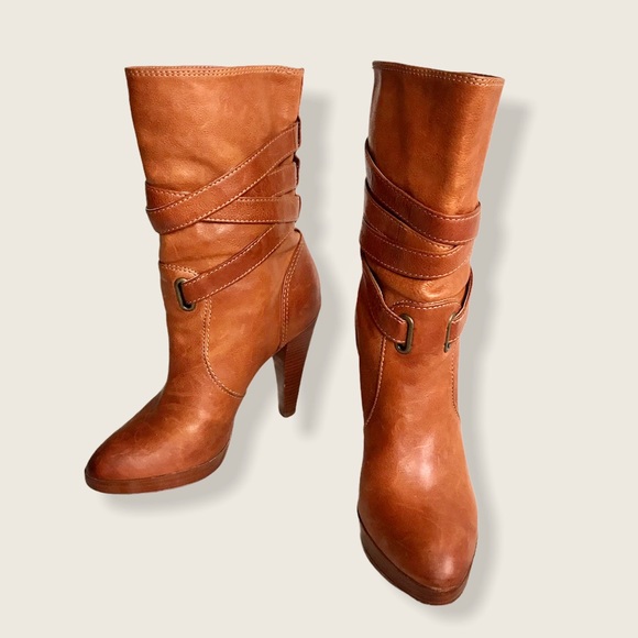 Frye Harlow Multi-Strap Cognac Cute Stiletto Boots - Picture 14 of 15